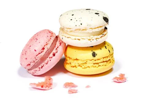 Sweet macaroons macarons isolated on white background. French cookies with .. Stock Photos