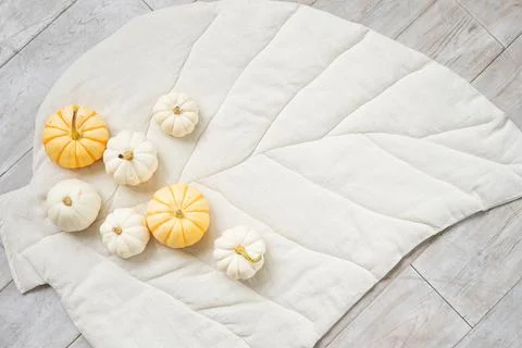 Sweet mini pumpkins on a beige leaf blanket with copy space. Thanksgiving Stock Photos