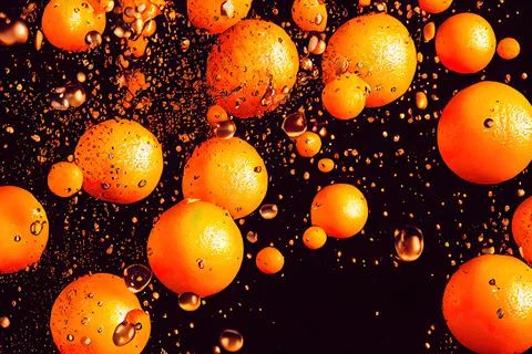 Sweet orange juice explosion, splash through flying fruits. Nectar, extract,  Stock Illustration