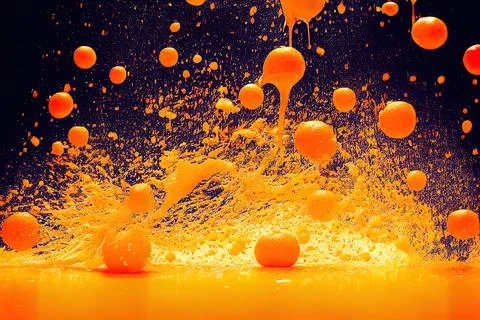 Sweet orange juice explosion, splash through flying fruits. Nectar, extract,  Stock Illustration
