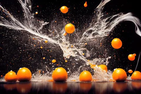 Sweet orange juice explosion, splash through flying fruits. Nectar, extract,  Stock Illustration