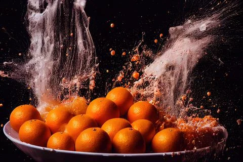 Sweet orange juice explosion, splash through flying fruits. Nectar, extract,  Stock-Illustration