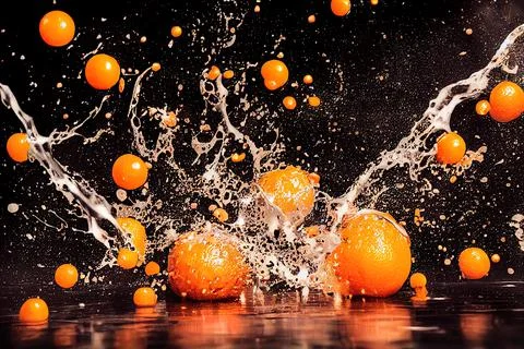 Sweet orange juice explosion, splash through flying fruits. Nectar, extract,  스톡 일러스트