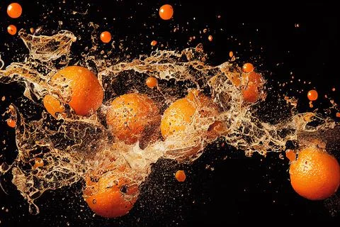 Sweet orange juice explosion, splash through flying fruits. Nectar, extract,  Иллюстрация