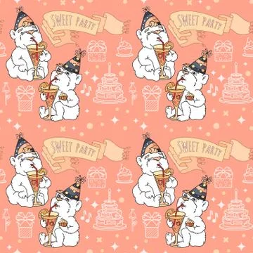 Sweet party. Vector Seamless pattern with cute bears. Stock Illustration