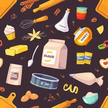 Sweet pastry elements seamless pattern. Bakery products and kitchen utensils Stock Illustration