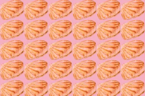 Sweet pattern of baked cakes profiteroles with cream on pink Stock Illustration