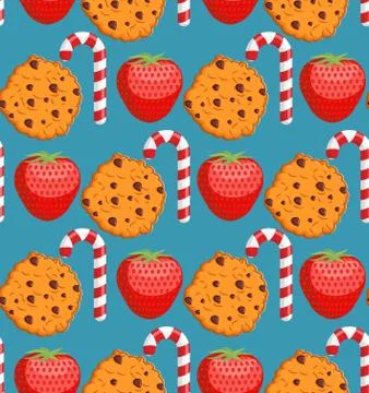 Sweet pattern. Cookies and mint stick ornament. Strawberry background. Pepper 스톡 일러스트