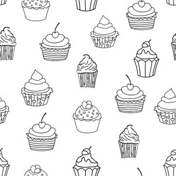 Sweet pattern. Doodle seamless pattern with cupcakes on white background. Vec Stock Illustration