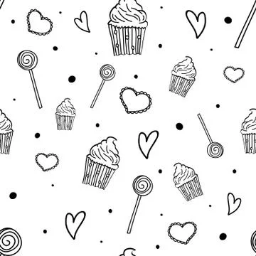 Sweet pattern. Seamless pattern with sweets, cupcakes and hearts. Hand drawn  Stock Illustration