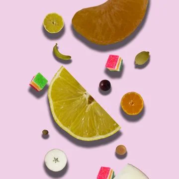 Sweet Pattern: Slice of Mandarin, Lemon and Apple with Banana Flying from T.. Stock Photos