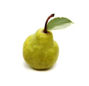 Sweet pear with isolated fruit leaf on white background for design. Stock Photos