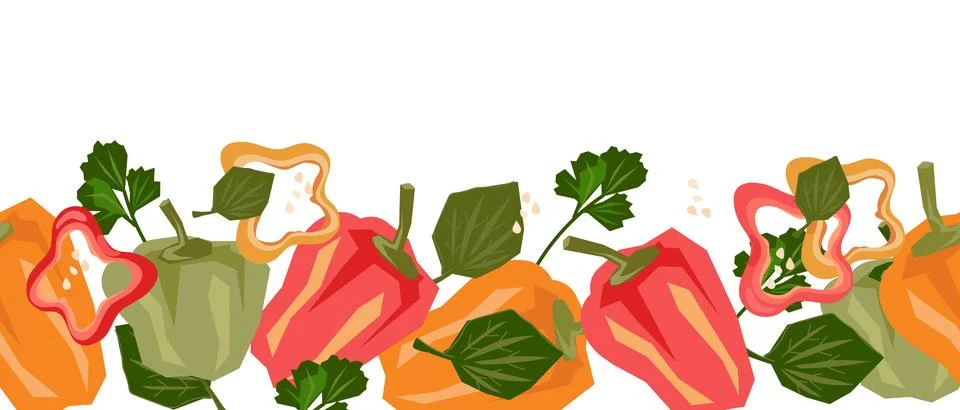 Sweet pepper seamless border background, hand drawn vector illustration iso.. Stock Illustration
