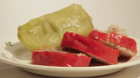 Sweet pepper stuffed with rice and minced meat. Turkish meal farci Stock Footage 71279409
