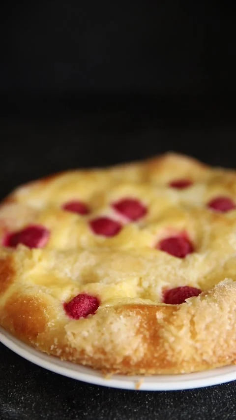 Sweet pie raspberry dessert frangipane dessert baking fresh delicious food Stock Footage 313295788