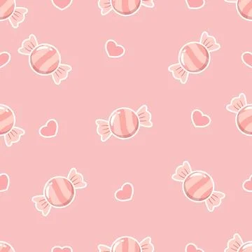 Sweet pink candy seamless pattern with hearts on pink background, cute hand.. Stock-Illustration