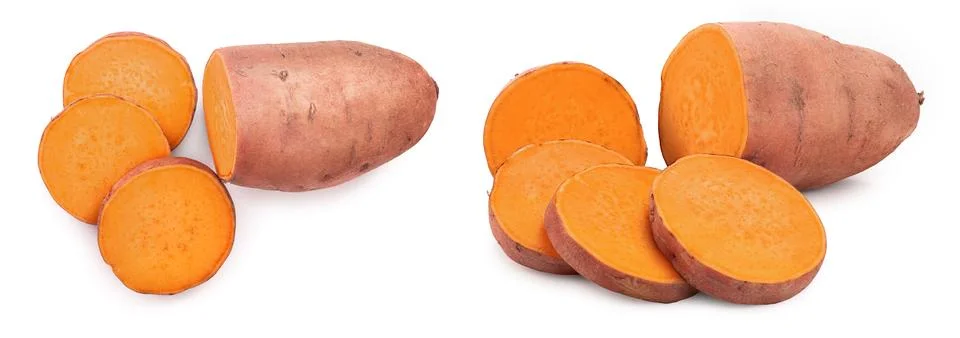 Sweet potato isolated on white background closeup. Top view. Flat lay. Stock Photos