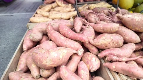 Sweet Potatoes and Root Vegetables at Market Stall Stock Footage 287894474