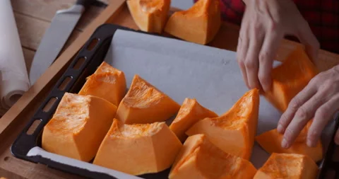 Sweet pumpkin roasting, close up Stock Footage 146139293