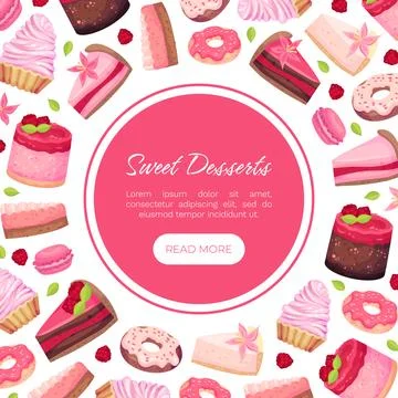 Sweet Raspberry Dessert Banner Design with Creamy Cake and Donut Vector Template Stockillustratie