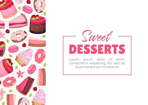 Sweet Raspberry Dessert Banner Design with Creamy Cake and Donut Vector Template イラスト素材