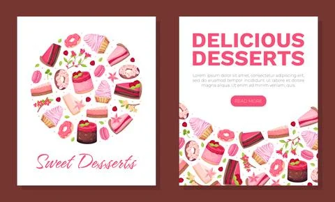 Sweet Raspberry Dessert Banner Design with Creamy Cake and Donut Vector Template イラスト素材