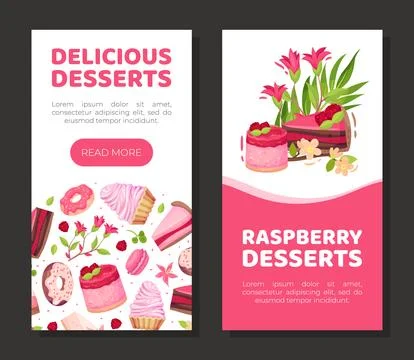 Sweet Raspberry Dessert Banner Design with Creamy Cake and Donut Vector Template Stock Illustration