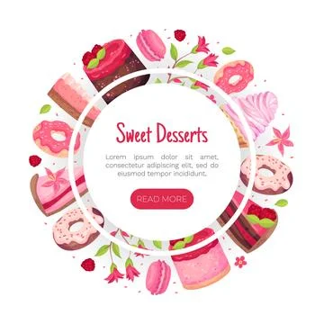 Sweet Raspberry Dessert Banner Design with Creamy Cake and Donut Vector Template Stock Illustration