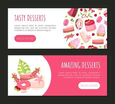 Sweet Raspberry Dessert Banner Design with Creamy Cake and Donut Vector Template Stock Illustration