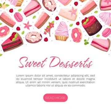 Sweet Raspberry Dessert Banner Design with Creamy Cake and Donut Vector Template Illustrazione stock