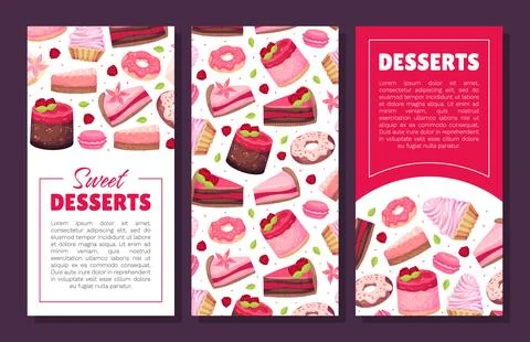 Sweet Raspberry Dessert Banner Design with Creamy Cake and Donut Vector Template Stock Illustration