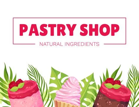 Sweet Raspberry Dessert Banner Design with Creamy Cake Vector Template 스톡 일러스트