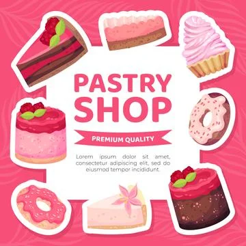 Sweet Raspberry Dessert Banner Design with Creamy Cake and Donut Vector Template Stock Illustration
