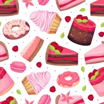 Sweet Raspberry Dessert Seamless Pattern Design with Creamy Cake and Donut Stock Illustration