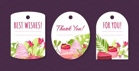 Sweet Raspberry Dessert Tags Design with Creamy Cake Vector Template Stock Illustration