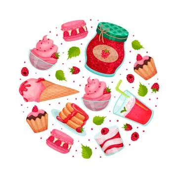 Sweet Raspberry Food Round Composition Design with Pink Sugary Dessert Vector Illustrazione stock