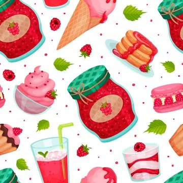 Sweet Raspberry Food Seamless Pattern Design with Pink Sugary Dessert Vector Stock Illustration