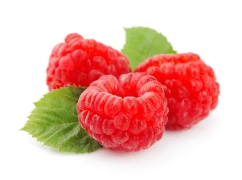 Sweet raspberry with leafs on white Foto stock