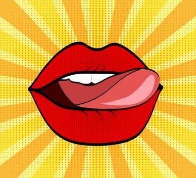 Sweet red lips on dot and stripped pop art comic style background Stock Illustration