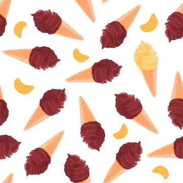 Sweet seamless pattern with chocolate and vanilla ice cream cones and tangerine Stock Illustration
