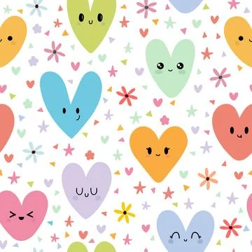 Sweet seamless pattern with colored smiley hearts. Romantic print. Cute bac.. Stock Illustration