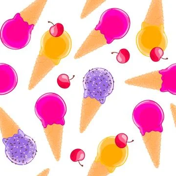 Sweet seamless pattern with multiciolor fruit ice cream cones and cherries. Stock Illustration