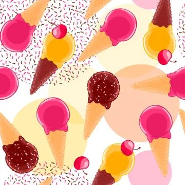 Sweet seamless pattern with multiciolor fruit and chocolate ice cream cones and Illustrazione stock