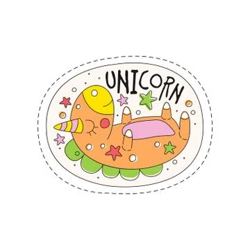 Sweet sleeping unicorn childish patch badge, cute cartoon animal sticker hand イラスト素材