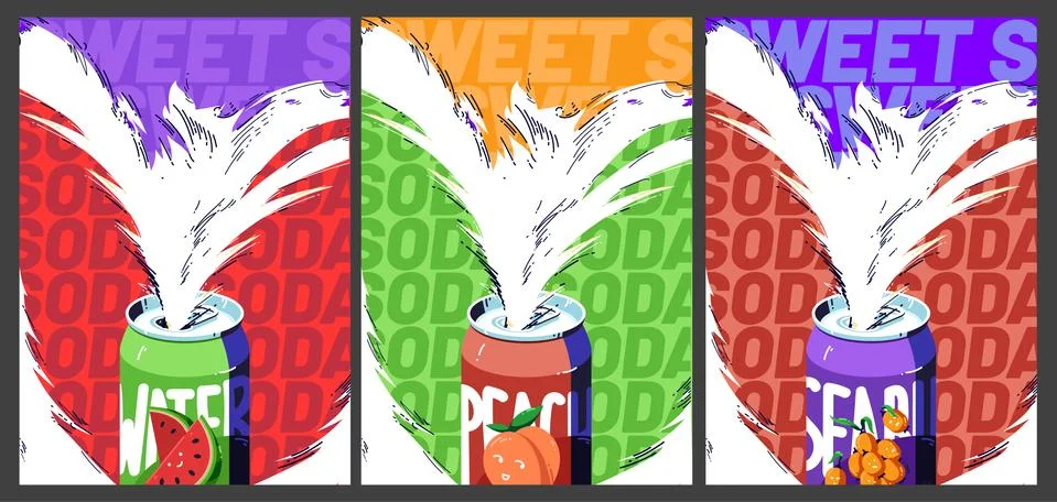 Sweet soda, cold fruit drinks posters Stock Illustration