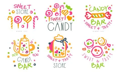 Sweet Store Logo Templates Set, Candy Shop Bright Hand Drawn Badges Vector Stock Illustration