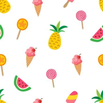 Sweet summer pattern with pineapples, watermelons, ice cream, lolipops. Color 스톡 일러스트