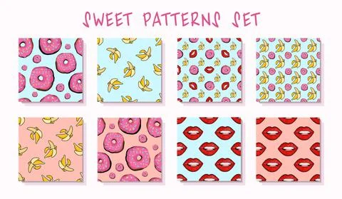 Sweet summer patterns. Seamless texture in pop art style. Bananas, lip print  Stock Illustration