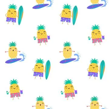 Sweet summer seamless pattern - cute pineapples characters surfing Stock Illustration