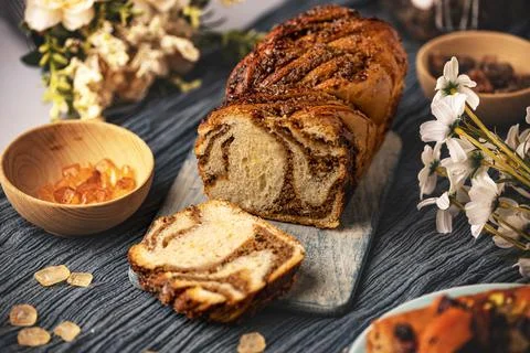 Sweet swirl bread walnut babka Stock Photos